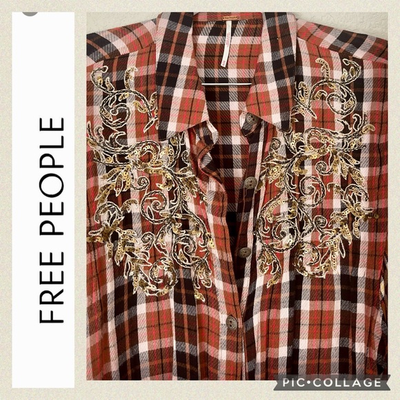 FREE PEOPLE PLAID EMBROIDERED SEQUIN SHIRT - Picture 4 of 6